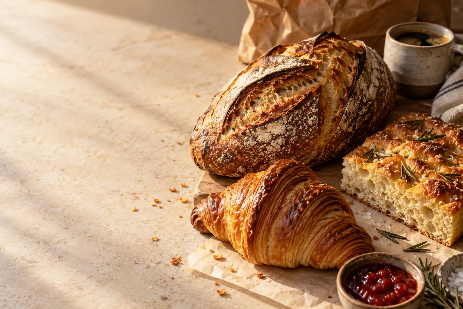 Illustrative bakery still life with sourdough, croissant, rosemary focaccia, coffee and jam.